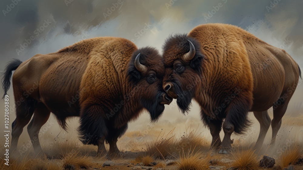 Fototapeta premium a powerful bison engaged in a fierce battle. Their massive horns clash as they push against each other. Dust swirls around them, obscuring the scene in a cloud of brown haze.