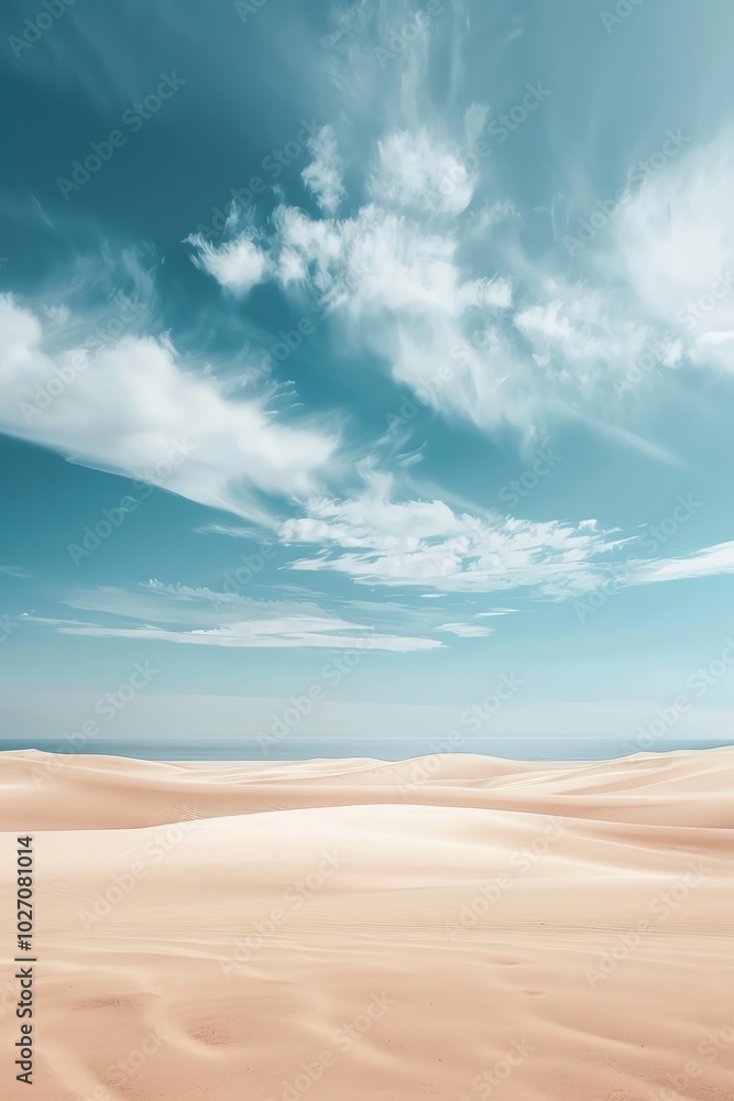A serene desert landscape with soft sand dunes under a bright blue sky dotted with white clouds, evoking tranquility and beauty. A serene desert landscape with soft sand dunes under a bright blue sky dotted with white clouds, evoking tranquility and beauty.