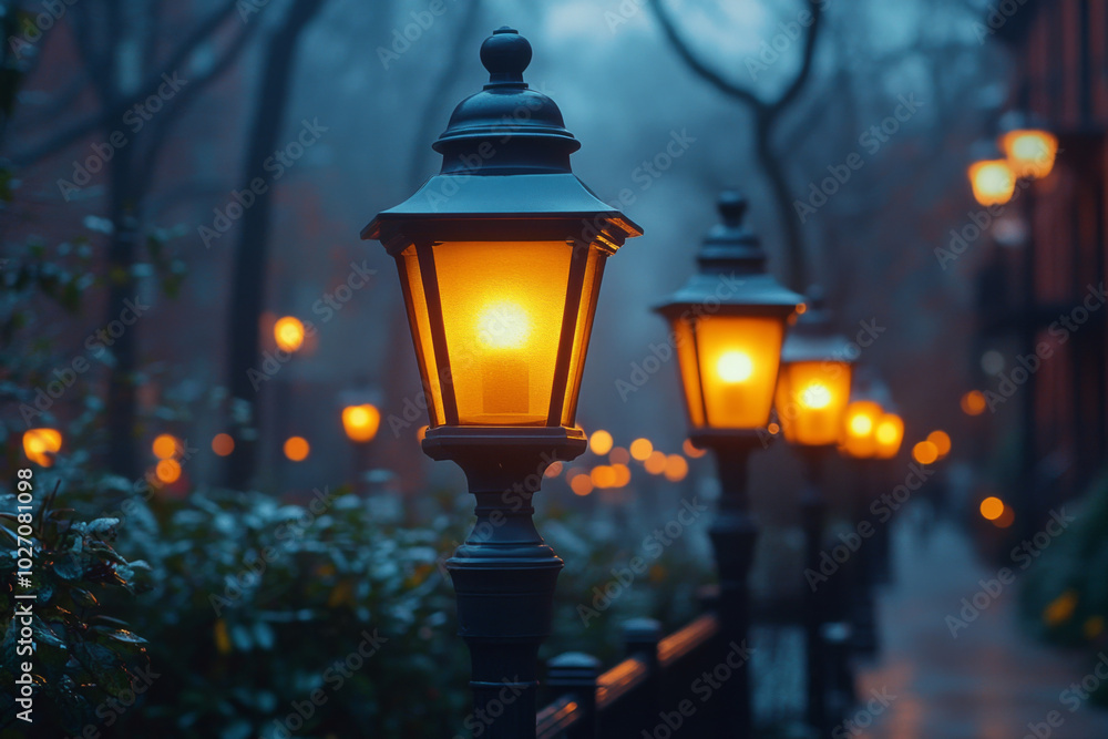 Twinkling street lamps illuminate a charming urban neighborhood in the evening Twinkling street lamps illuminate a charming urban neighborhood in the evening