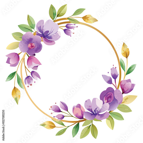 watercolor soft purple floral wreath with golden vector art