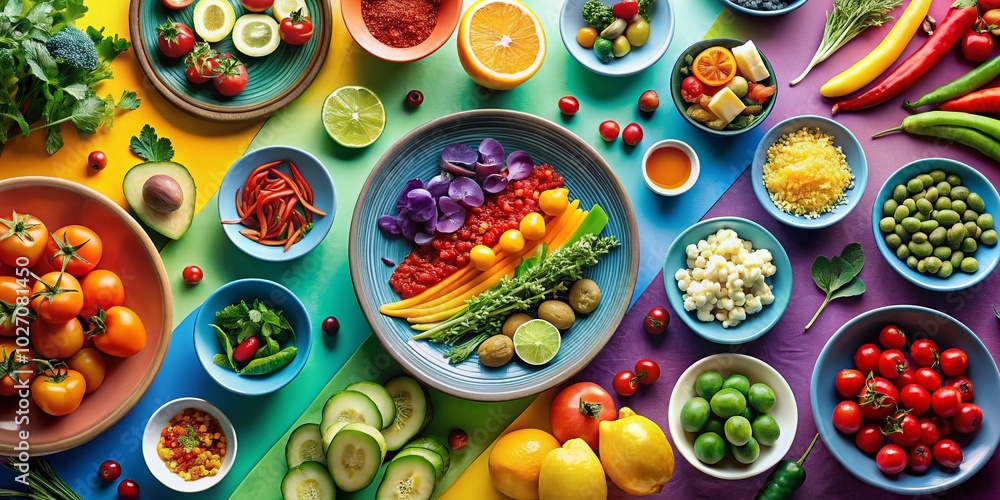 Vibrant Food Photography with Rainbow Spectrum Background for Colorful Culinary Creations Vibrant Food Photography with Rainbow Spectrum Background for Colorful Culinary Creations