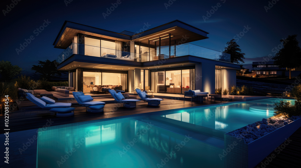 Fototapeta premium Modern Luxurious Villa with Pool Under Night Sky