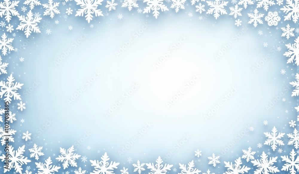Fototapeta premium White snowflake border on light blue background with copy space