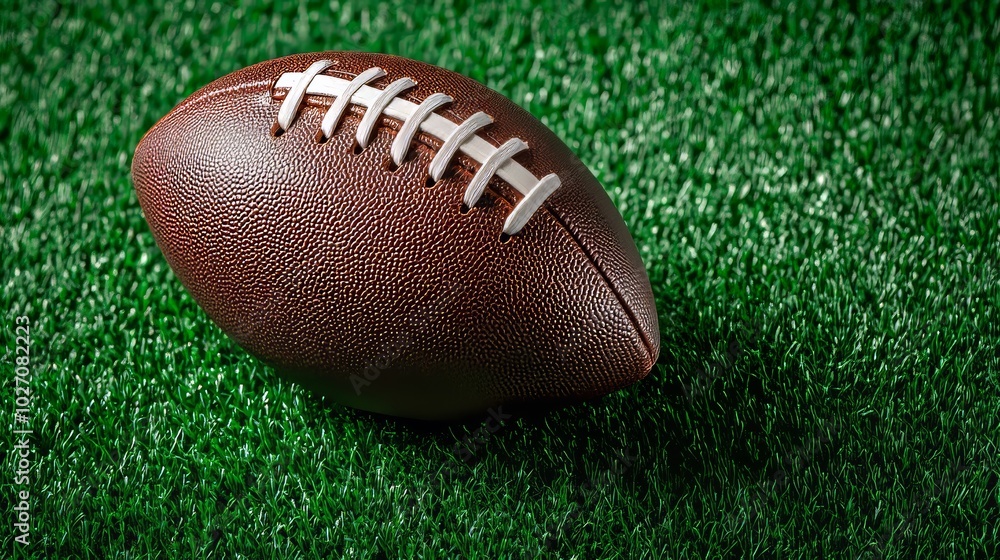 A detailed close-up of an American football resting on fresh green grass, top view with generous open space around for text insertion A detailed close-up of an American football resting on fresh green grass, top view with generous open space around for text insertion