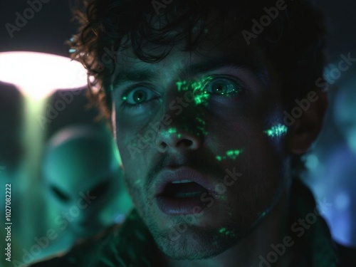 Terrified man facing alien abduction with eerie green light
 photo