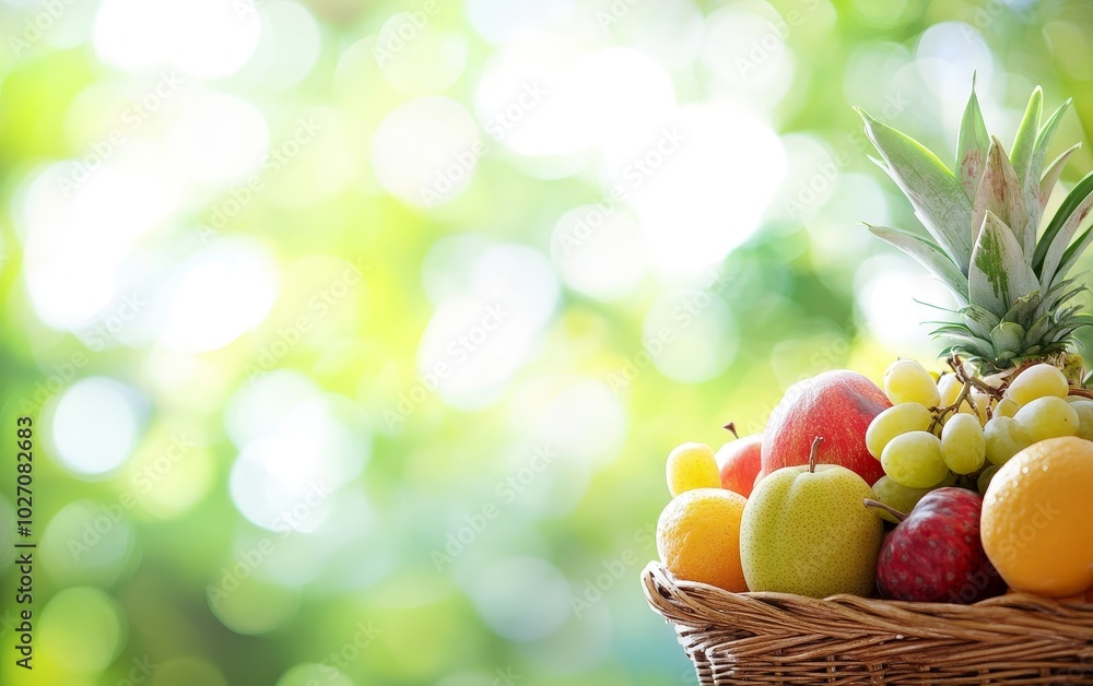 A vibrant basket of assorted fruits against a blurred green background, symbolizing freshness and health. A vibrant basket of assorted fruits against a blurred green background, symbolizing freshness and health.