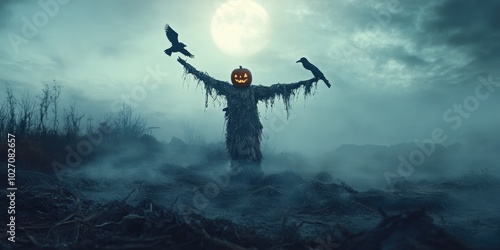 Mysterious halloween night with spooky scarecrow and full moon in foggy field photo