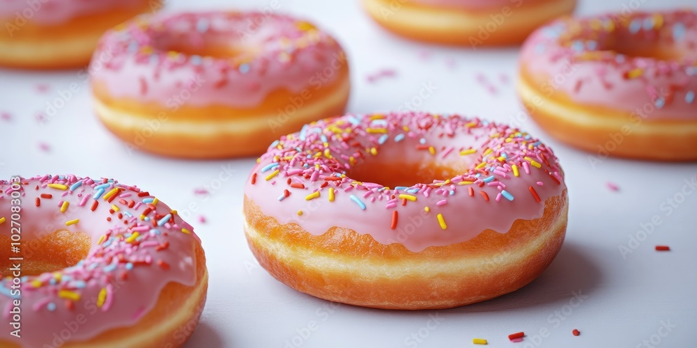 Delicious pink frosted donuts with colorful sprinkles on white background for bakery promotion Delicious pink frosted donuts with colorful sprinkles on white background for bakery promotion