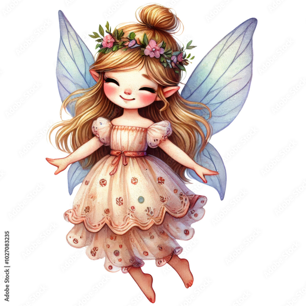 Fairy girl with floral crown, and gemstone accessory wearing a pastel dress. Watercolor sticker isolated on transparent background. Fairy girl with floral crown, and gemstone accessory wearing a pastel dress. Watercolor sticker isolated on transparent background.