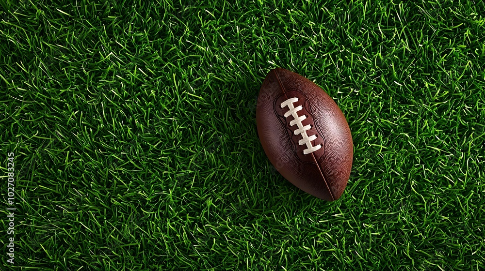 An American football laying on freshly cut green grass, top view. The ball is placed slightly off-center, with a wide area left for customizable text An American football laying on freshly cut green grass, top view. The ball is placed slightly off-center, with a wide area left for customizable text