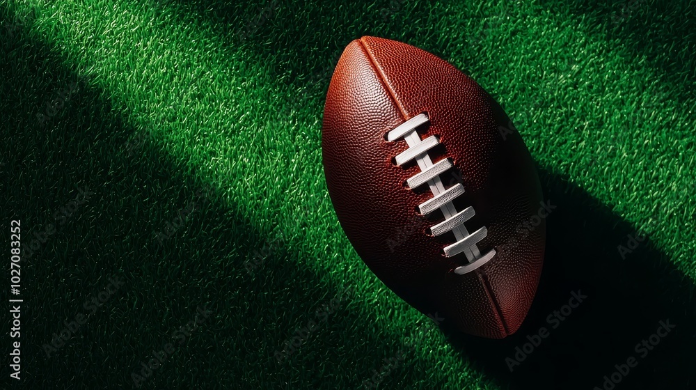 Obraz premium American football placed on natural green field grass, photographed from above with ample room for text, shadow casting softly beneath the ball