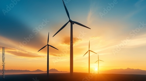 Aerial view of sleek wind turbines floating on deep blue sea, sustainable energy farm, golden hour lighting, distant mountains on horizon, eco-friendly innovation