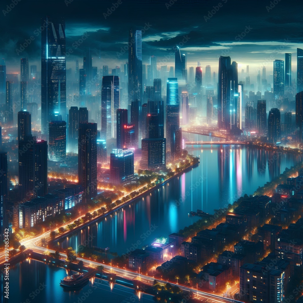 A beautiful landscape of a cyberpunk city at night. The city is full of tall buildings and bright lights. The sky is dark and cloudy. A beautiful landscape of a cyberpunk city at night. The city is full of tall buildings and bright lights. The sky is dark and cloudy.