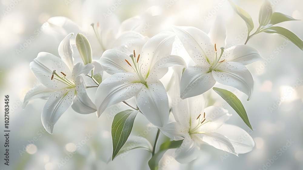 Fototapeta premium Artistic arrangement of white lilies, soft focus and bright white background, emphasizing purity and natural elegance