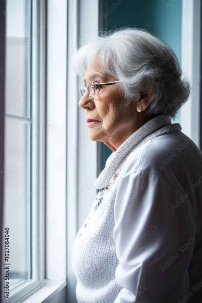 An elderly woman looking through the window An elderly woman looking through the window