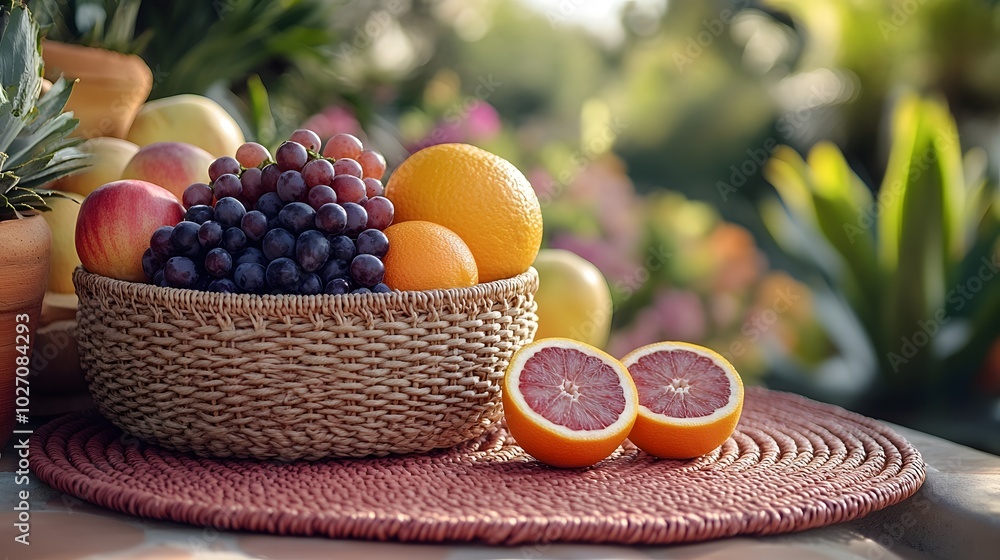 Woven basket with grapes, apples, oranges on a red-brown mat, framed by palm trees in a serene tropical setting. Woven basket with grapes, apples, oranges on a red-brown mat, framed by palm trees in a serene tropical setting.