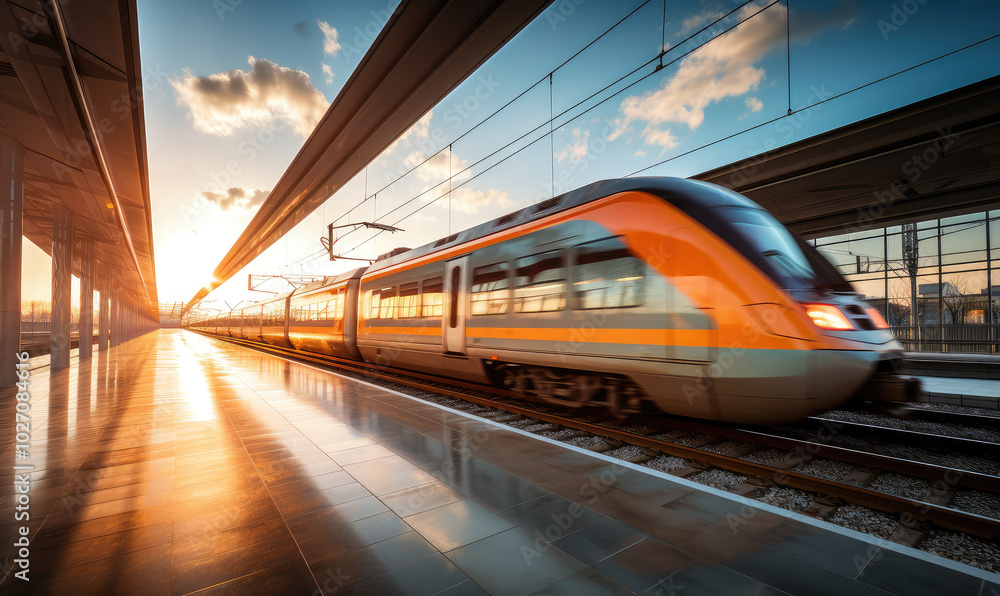 Fototapeta premium Modern Train Speeding Toward Sunset at Station