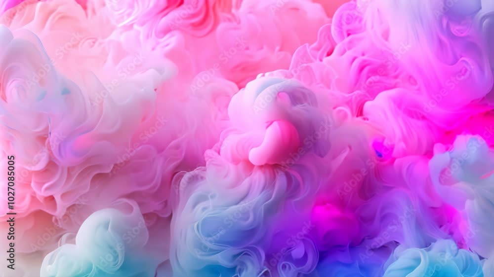 A close-up videograph of swirling pink and blue ink in water, Fluffy, light texture resembling cotton candy A close-up videograph of swirling pink and blue ink in water, Fluffy, light texture resembling cotton candy