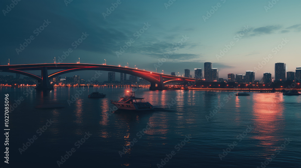Obraz premium Twilight Serenity Over Urban Waterscape