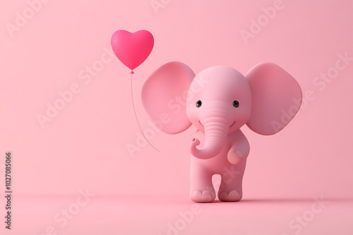 A cute pink elephant holding a heart-shaped balloon against a pink background.