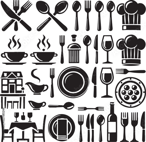Catering icon set. Containing fork, spoon, knife, plate, cloche, tray, chef hat, beverage, food, dining table, and waiter. Cutlery or tableware in restaurant. Vector illustration, silhouette
