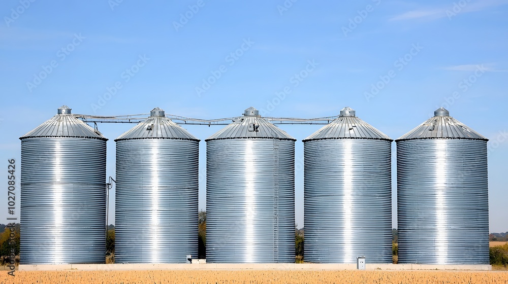 Silos and Sky: Tall grain silos stand against a clear blue sky. Their cylindrical forms create geometric patterns, symbolizing abundance. Silos and Sky: Tall grain silos stand against a clear blue sky. Their cylindrical forms create geometric patterns, symbolizing abundance.
