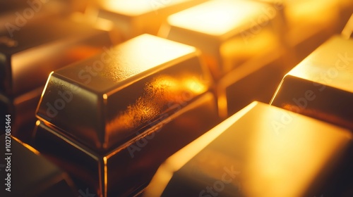 Gold bars in close-up shimmering light photo