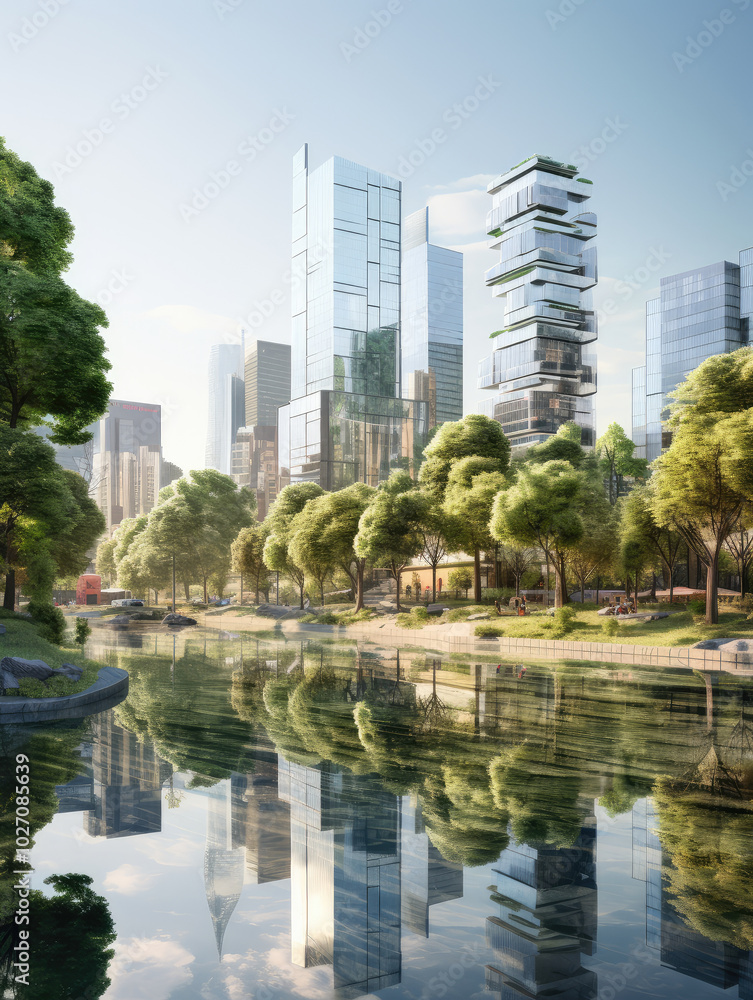 Modern Urban Oasis with Reflective Waterfront View Modern Urban Oasis with Reflective Waterfront View