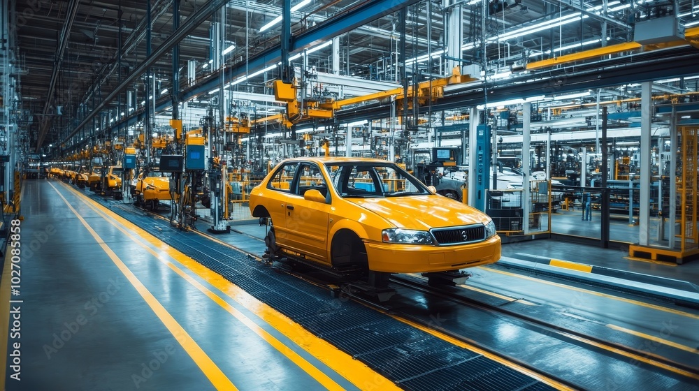 Yellow cars being assembled on the production line in a factory Yellow cars being assembled on the production line in a factory