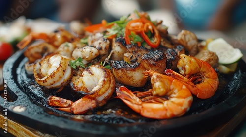 Grilled seafood platter with shrimp and herbs