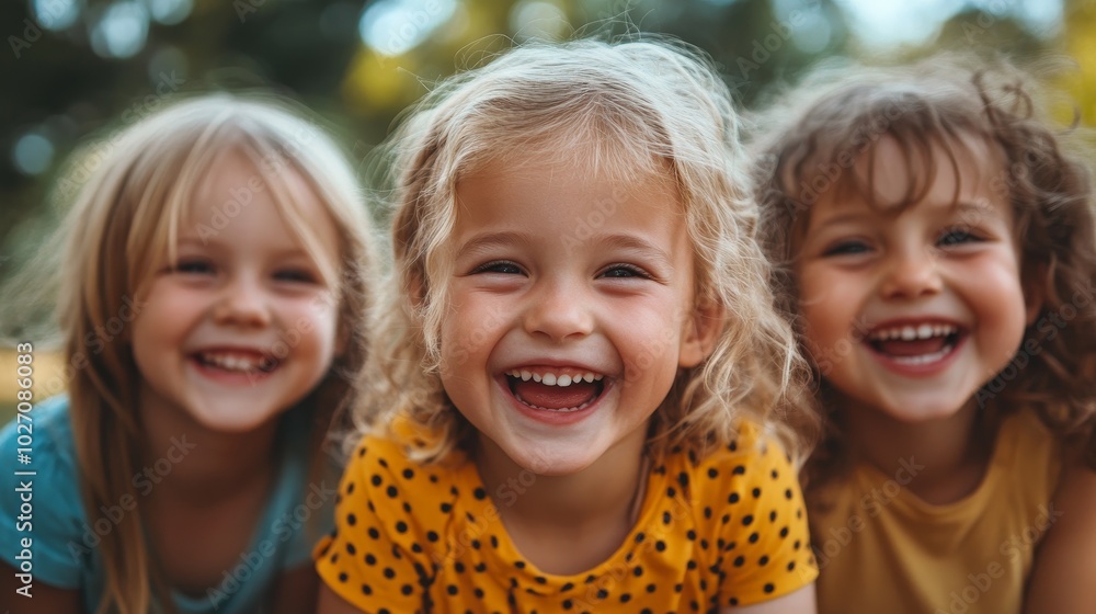 Three joyful children laughing together in a sunny outdoor setting Three joyful children laughing together in a sunny outdoor setting