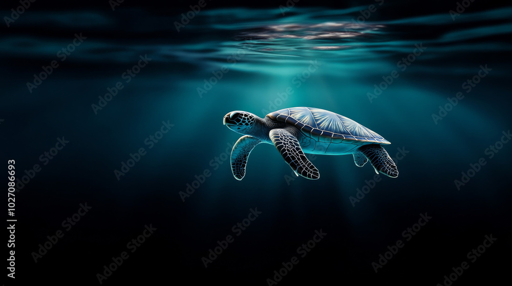 Naklejka premium Turtle swims in ocean water while navigating around plastic pollution