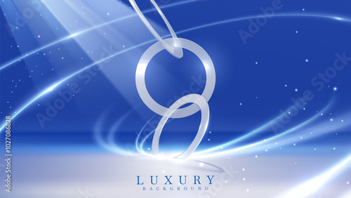 Abstract blue background with crystal ring frame decorated with glowing curves, elegant backdrop for displaying beauty products or food and beverage advertisements.