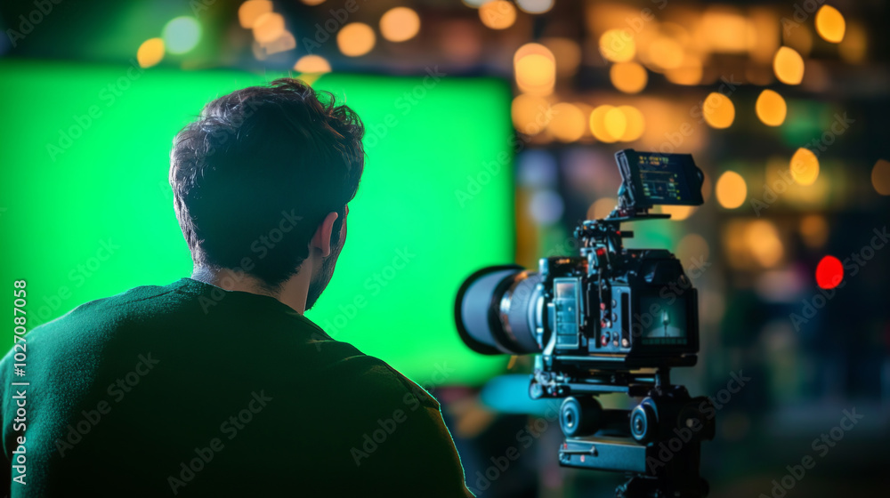 Photographer Adjusting Lighting for Green Screen Setup Photographer Adjusting Lighting for Green Screen Setup