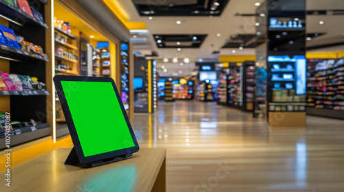 Modern Retail Store with Green Screen Monitor Display