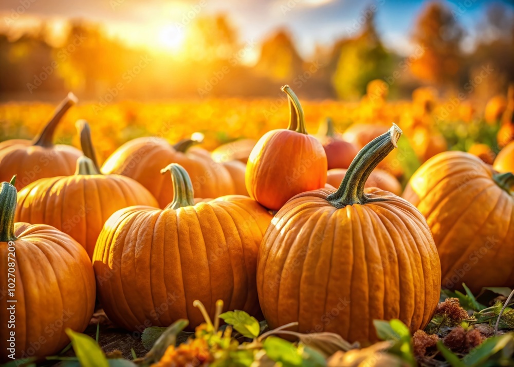 Naklejka premium Vibrant Pumpkin Field Under Bright Sunlight - Autumn Harvest Scene
