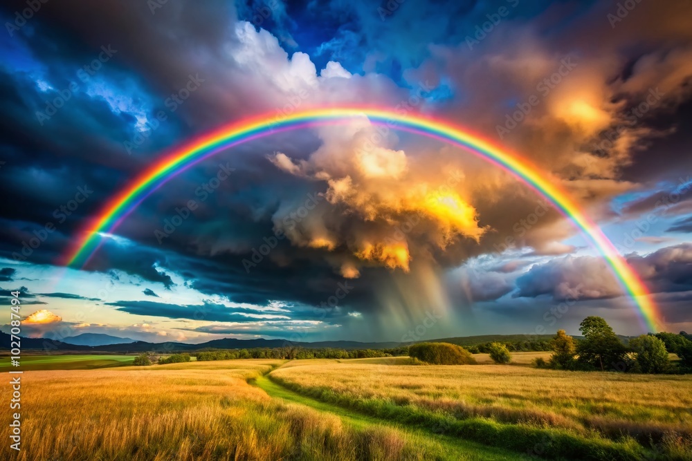 Vibrant Rainbow Against Dark Storm Clouds in Tilt-Shift Photography Vibrant Rainbow Against Dark Storm Clouds in Tilt-Shift Photography