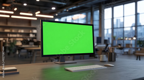 Modern Office Setup with Green Screen Monitor