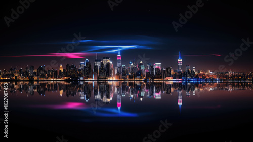 Futuristic City Skyline with Vibrant Reflections photo