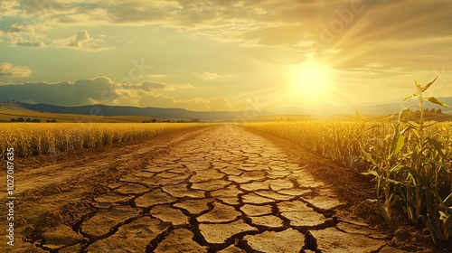 76. A drought turning farmlands into barren wastelands, with dry soil and wilting crops under a harsh sun photo