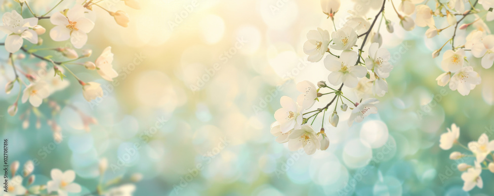 Sunlit forest adorned with delicate blossoms in tranquil watercolor style Sunlit forest adorned with delicate blossoms in tranquil watercolor style
