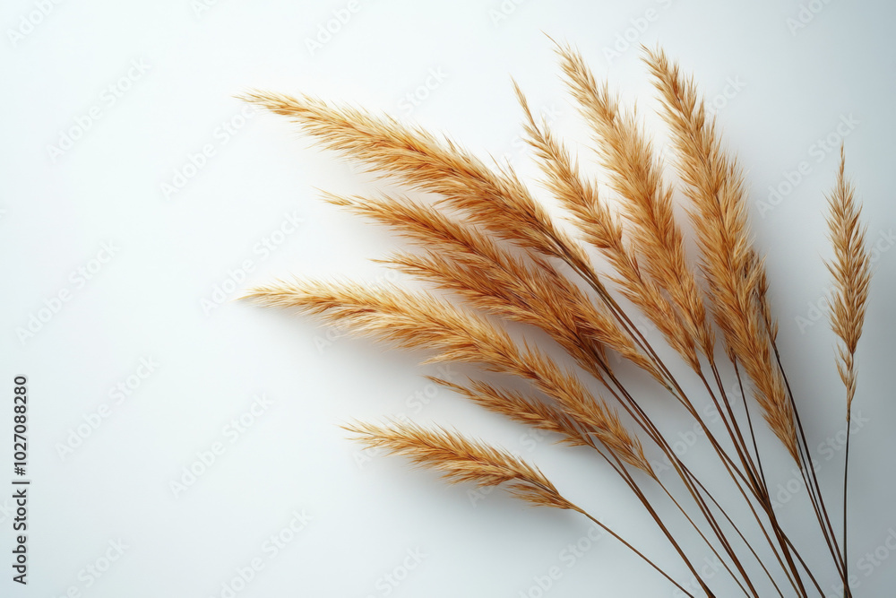 Fototapeta premium Delicate grass stems with yellow-brown grains on a clean white background
