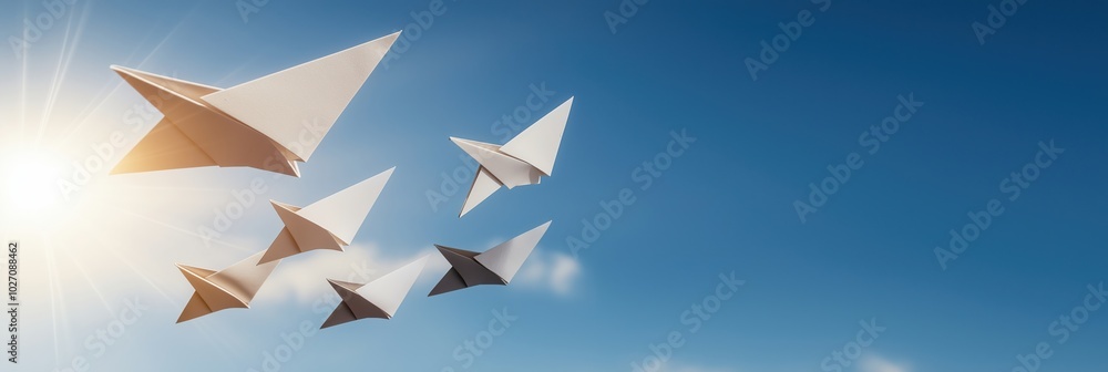 The image displays several paper planes flying through a clear, blue sky, symbolizing creativity and freedom, with a vibrant sun shining brightly. The image displays several paper planes flying through a clear, blue sky, symbolizing creativity and freedom, with a vibrant sun shining brightly.