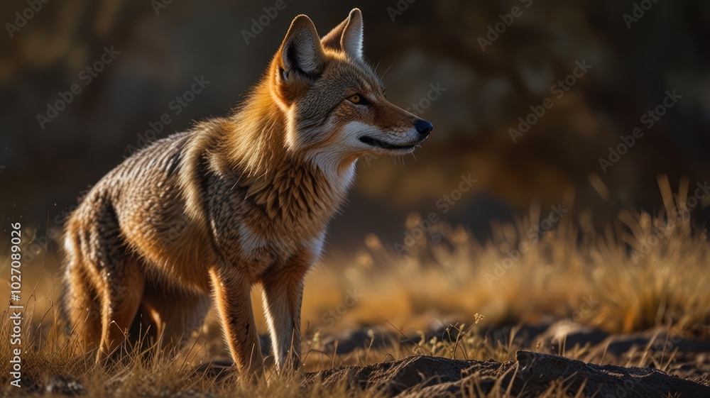 Fototapeta premium a golden jackal standing tall in a field bathed in warm sunlight. Its reddish-brown fur shimmers in the light, and its pointed ears and alert eyes convey a sense of curiosity and intelligence.