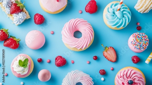 Colorful desserts on a vibrant blue background