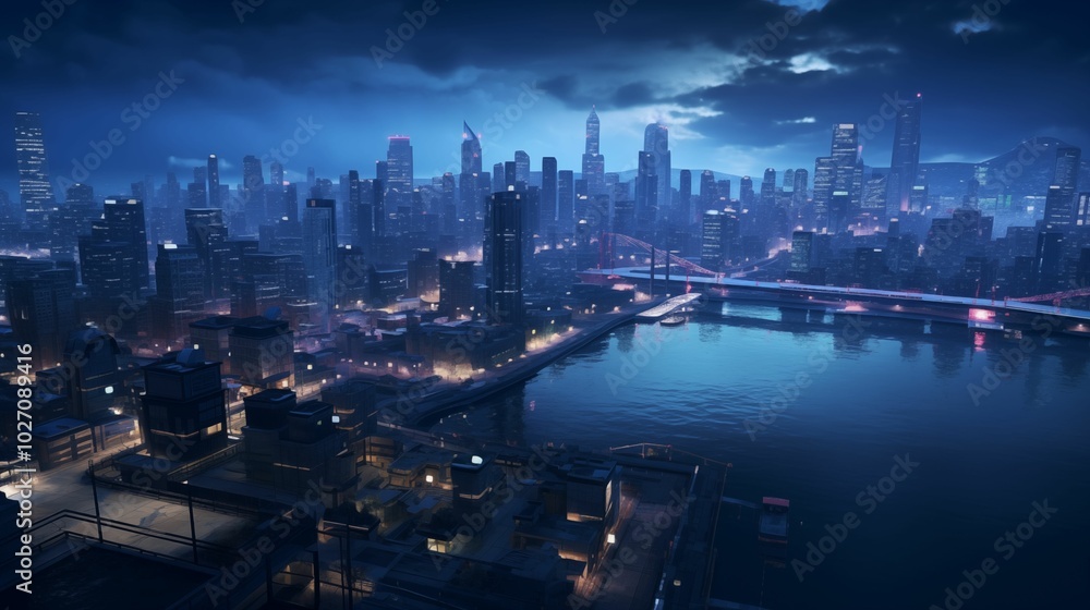 Obraz premium Drone view of a city at night in games style background for pc. Generative ai