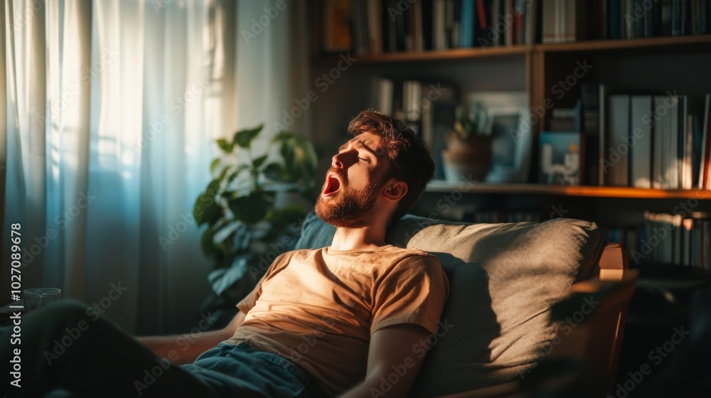 Fototapeta premium A young man yawning in a cozy room filled with sunlight and plants, relaxing on a comfortable sofa.