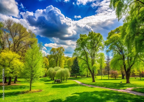 Vibrant Spring Landscape in Chindia Park, Targoviste - Lush Green Trees and Grass Under a Sunny Blue Sky photo