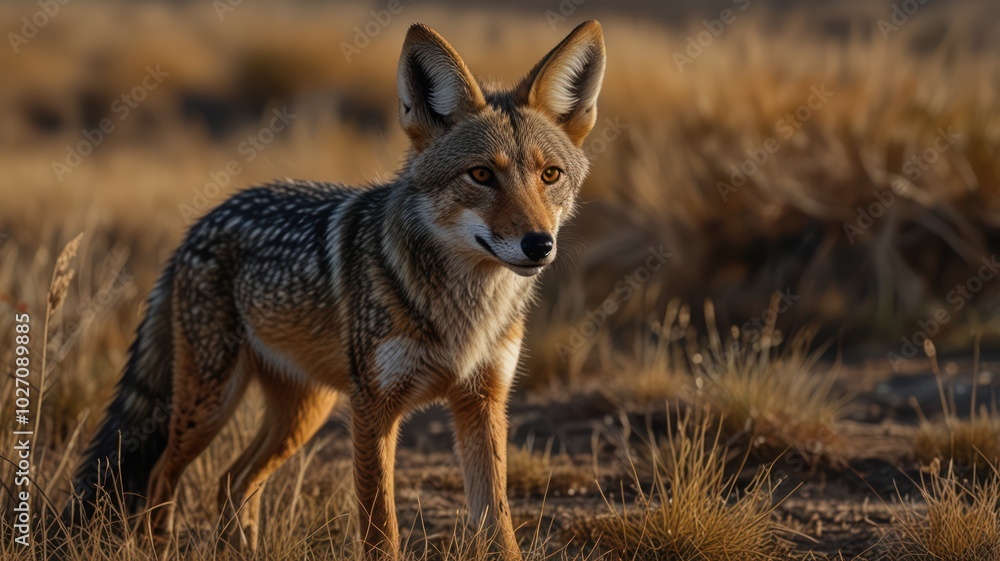 a golden jackal standing tall in a field bathed in warm sunlight. Its reddish-brown fur shimmers in the light, and its pointed ears and alert eyes convey a sense of curiosity and intelligence. a golden jackal standing tall in a field bathed in warm sunlight. Its reddish-brown fur shimmers in the light, and its pointed ears and alert eyes convey a sense of curiosity and intelligence.