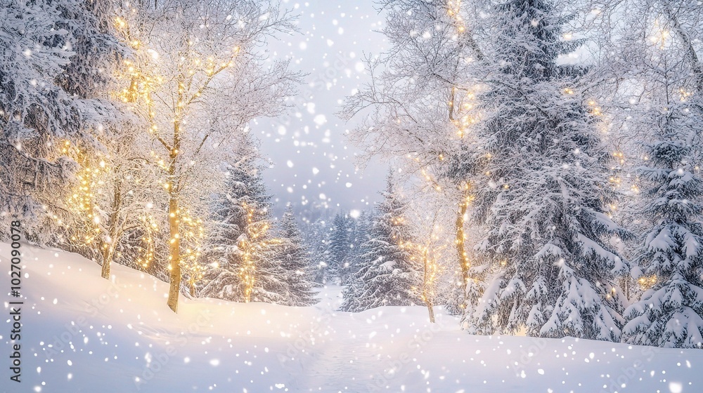 Fototapeta premium Winter Wonderland with Snow and Lights in Forest